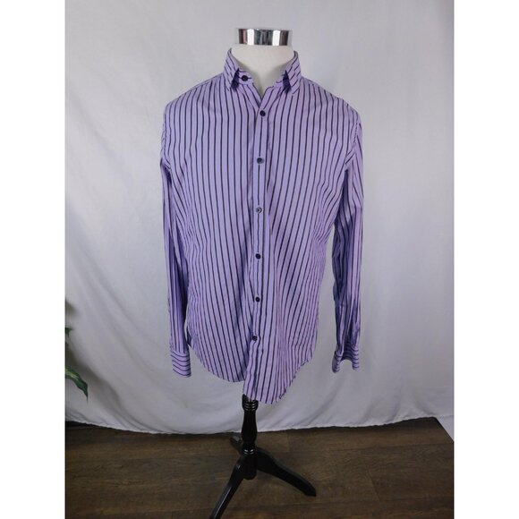 Express Dress Shirt Mens Large Purple Black Striped Fitted Button Front Collared - Picture 1 of 10